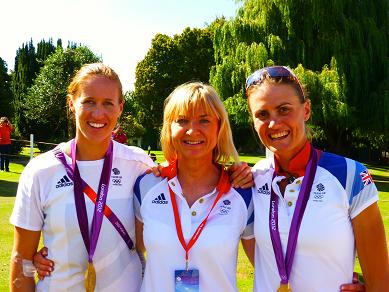 Wendy Martinson with Helen Glover and Heather Stanning who won the first gold for Team GB